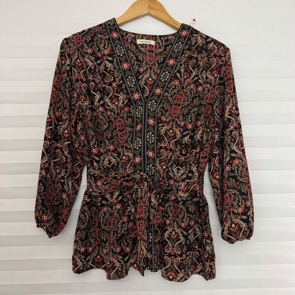 Max Studio Womens Paisley Floral V-Neck Smocked Back Tie Waist Blouse Sz ? Boho
